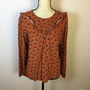 Loft Blouse Top Size M Womans Rust Leopard Animal Print Long Sleeve Ruffle Rayon